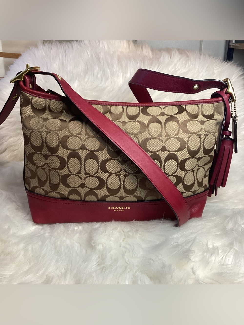 Coach Signature Canvas Shoulder Bag with Deep Red Trim
